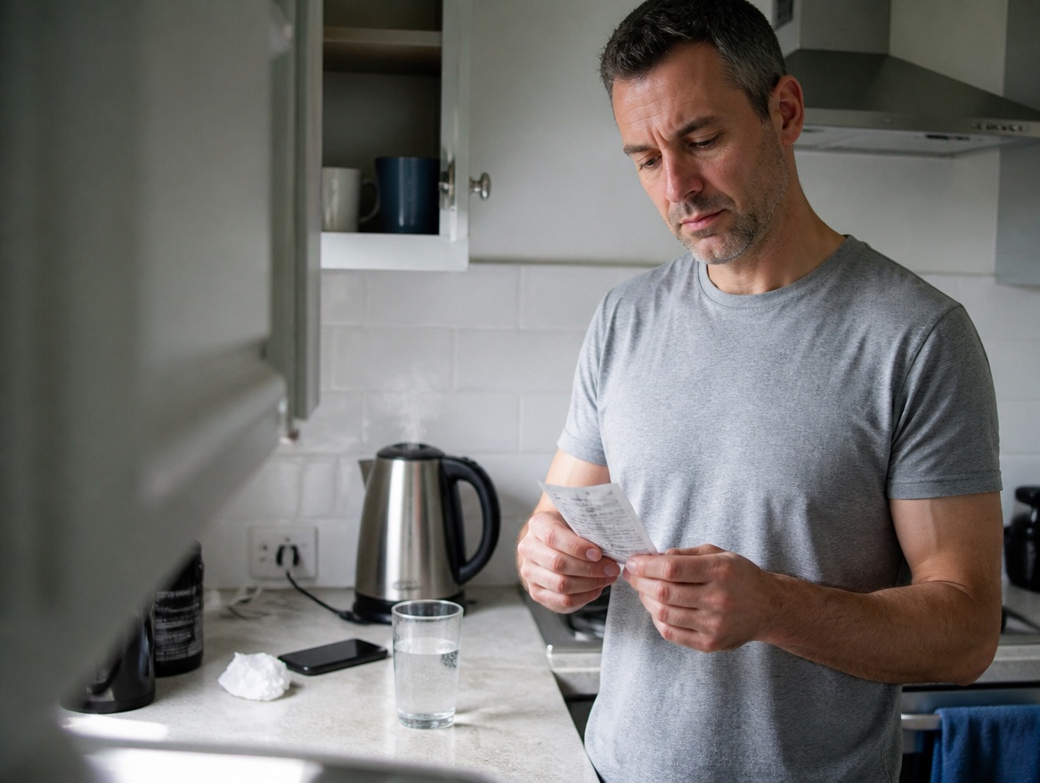 A tired-looking man in his mid-40s with greying stubble, in a grey t-shirt, stands at a bright kitchen counter and frowns down at a small electrolyte packet label, with a glass of water and an electric kettle behind him.