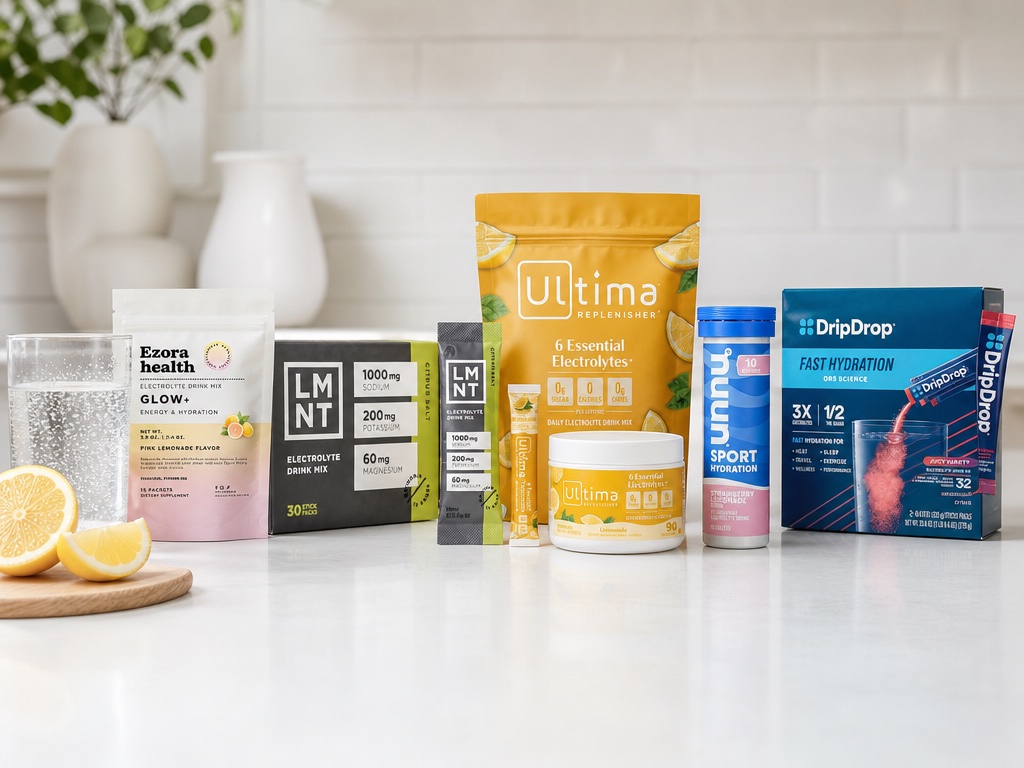 Ezora health Glow+, LMNT, Ultima, Nuun and DripDrop electrolyte products lined up on a clean white kitchen counter in crisp daylight with a sliced lemon and sparkling water.
