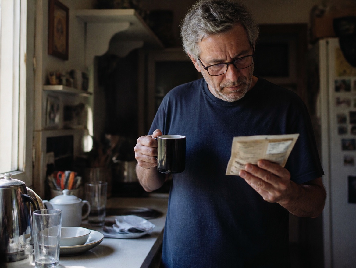 A lean man in his late fifties with salt-and-pepper hair and glasses stands at a cluttered morning kitchen counter, holding a mug of black coffee and squinting at the small print on a food packet, an empty glass and dishes beside him in soft window light.