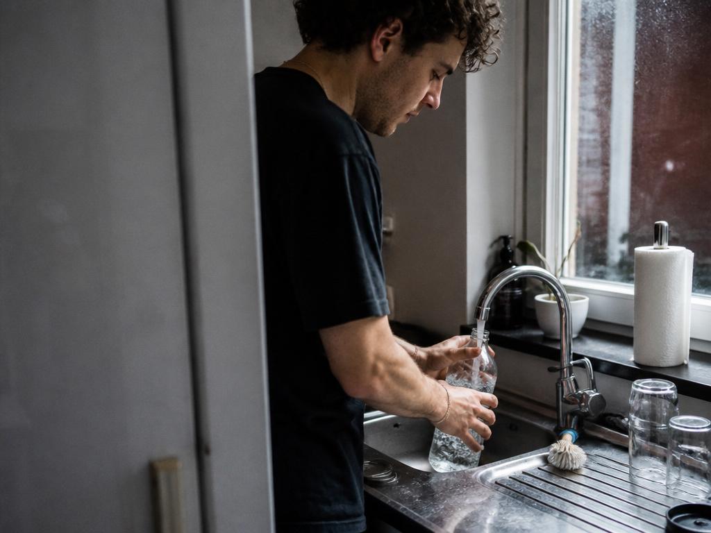 A young man fills a large clear water bottle from the kitchen tap, running water catching the cool daylight.