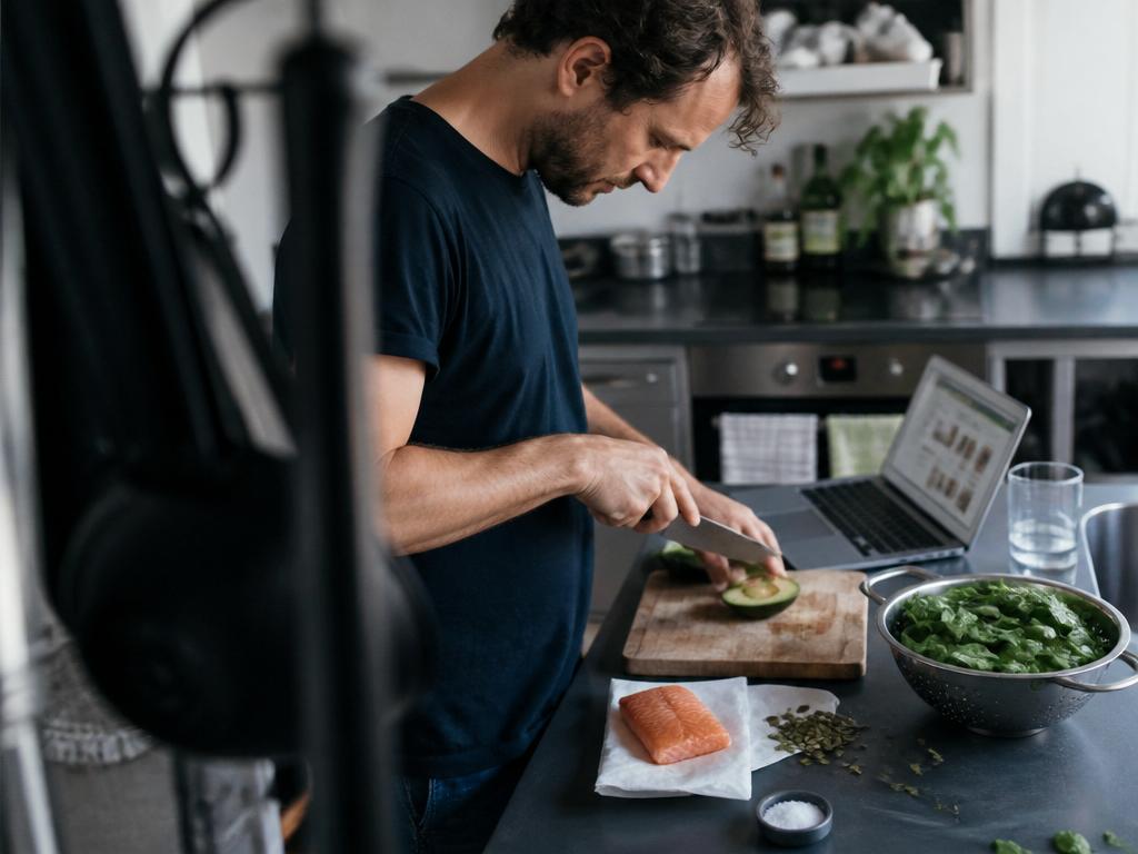 A man slices an avocado at a kitchen counter beside leafy greens, pumpkin seeds and salmon in cool daylight.