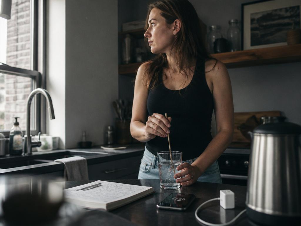 A woman stirs a pinch of mineral salt into a clear glass of water at a kitchen island in cool morning light.