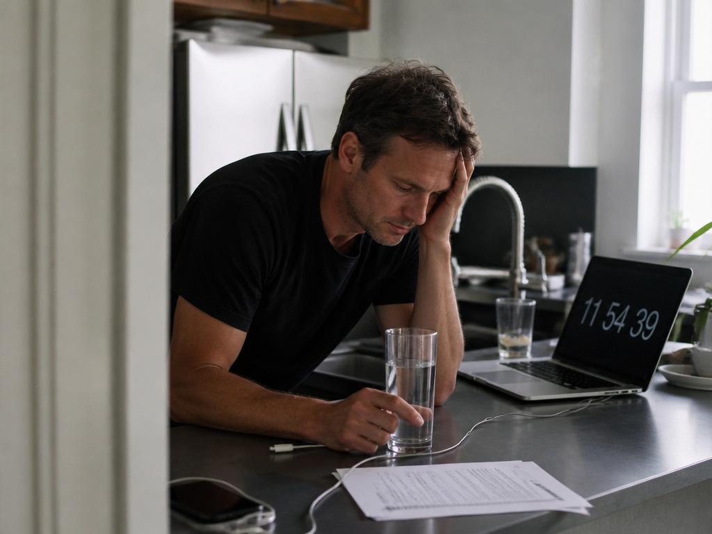A man pauses at a kitchen counter mid-fast, one hand pressed to his temple beside a glass of water in cool daylight.