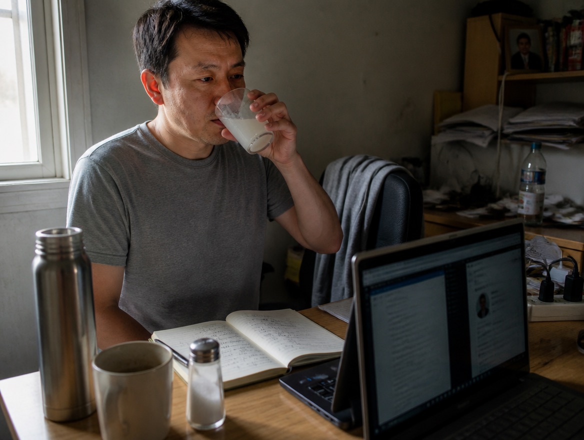 An East Asian man in his mid-40s in a heather-gray T-shirt takes a contemplative sip from a cloudy glass of salted water at a cluttered home-office desk — notebook of handwritten time stamps, thermos, empty coffee mug, plain salt shaker, and a laptop full of windows — in late-afternoon side light, deep into a 24-hour fast.