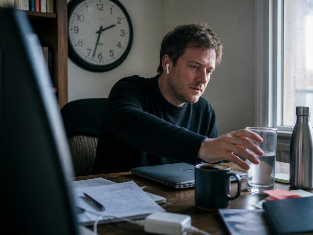 A man at a home desk reaches for a tall glass of water beside a black coffee, a wall clock behind him.