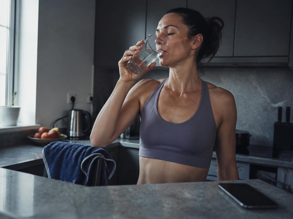 A woman takes a real drink from a clear glass of water in a plain kitchen after a workout, head tipped back.