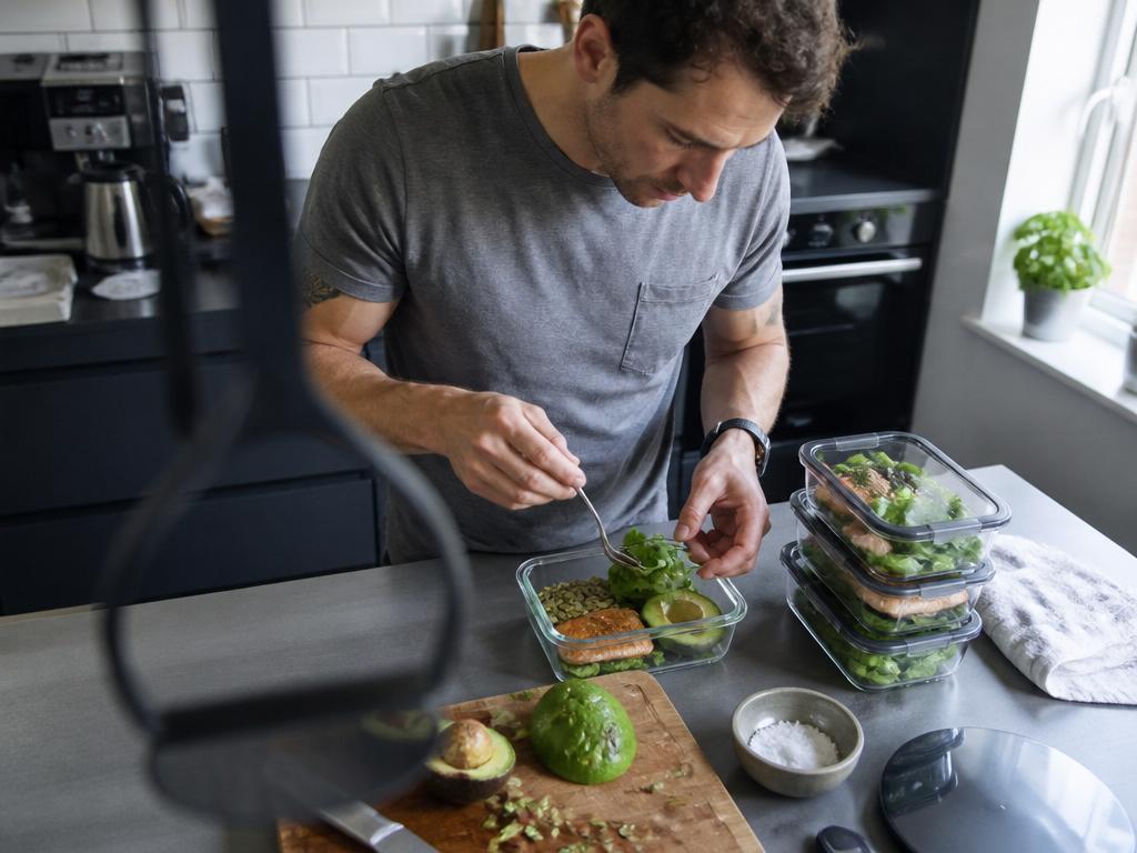 A man packs glass meal-prep containers with avocado, spinach, pumpkin seeds and salmon at a cool grey kitchen counter.
