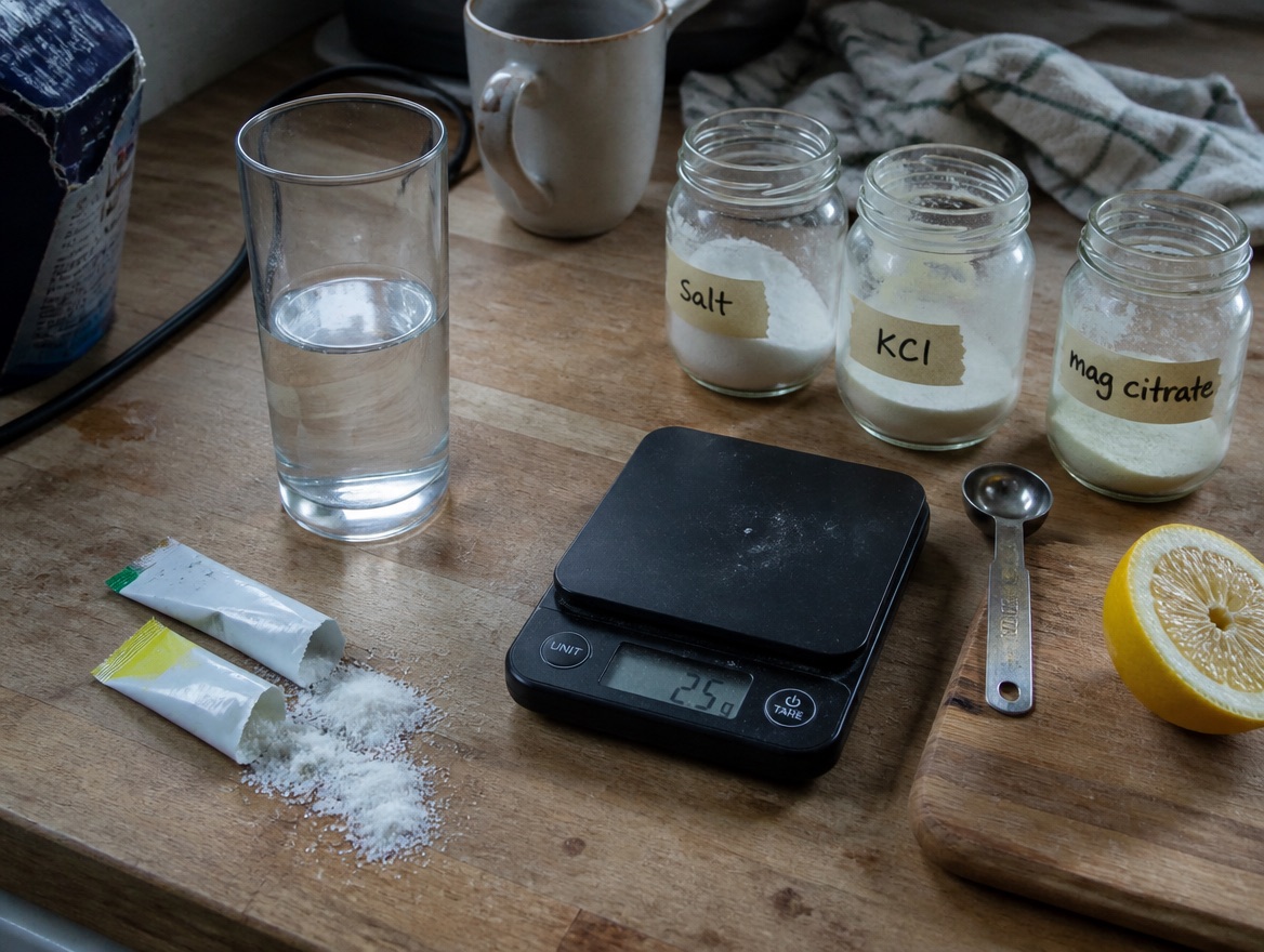 A worn butcher-block kitchen counter laid out as a side-by-side comparison: on the left, two single-serving citrus electrolyte stick packets torn open with pale powder spilling out beside a tall glass of water, and on the right, three open glass jars hand-labeled in masking tape — salt, KCl, mag citrate — with a black digital kitchen scale reading 2.5 g, a metal measuring spoon and a lemon half on a wooden cutting board.