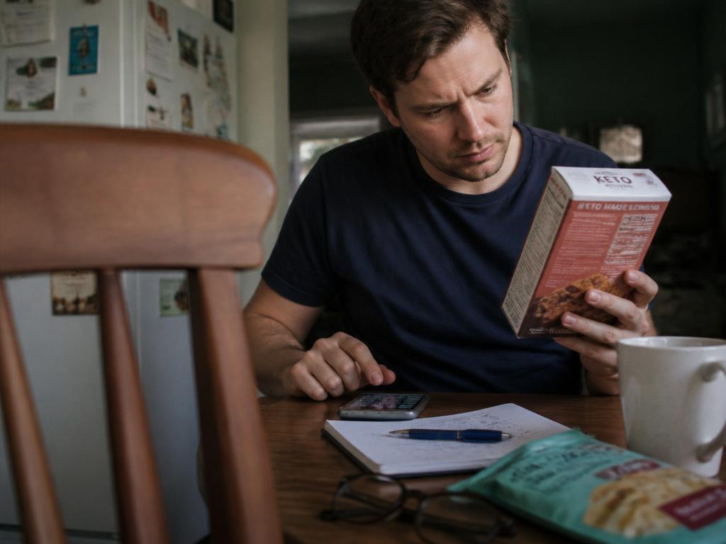 A man at a kitchen table does quick math on a phone calculator while holding a packaged low-carb snack to read its panel.