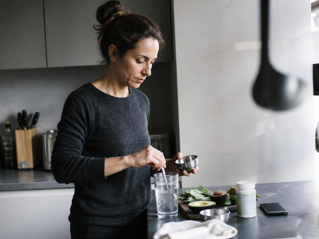 A woman mixes a glass of water with a pinch of salt beside a halved avocado and spinach at a cool grey counter.