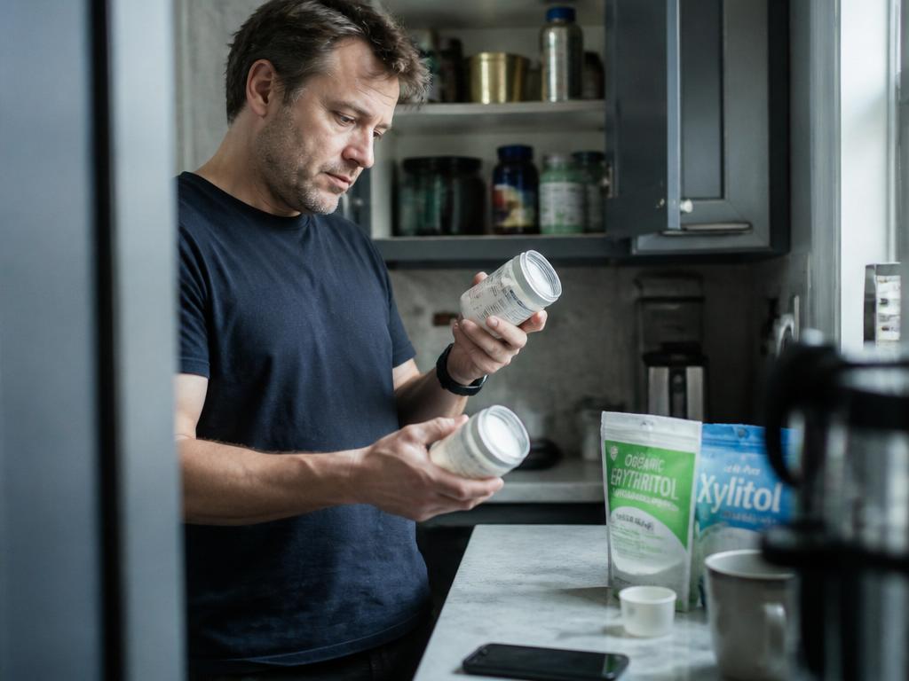 A man holds two small jars of white granulated sweetener up to compare, turning one to read its back in cool kitchen light.