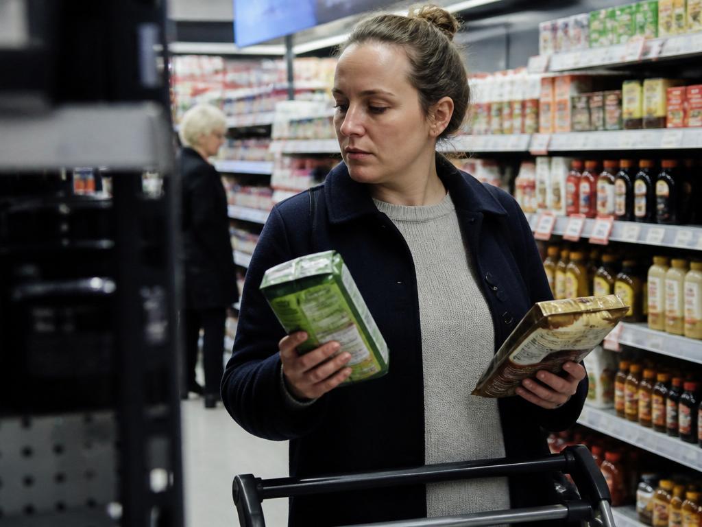 A woman in a grocery aisle holds one product in each hand, comparing their front-of-pack claims with a skeptical look.