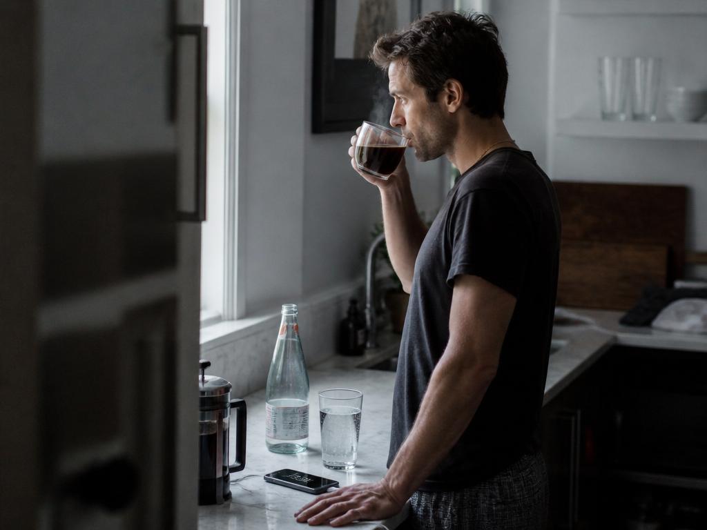A man at a kitchen counter lifts a plain mug of black coffee to drink, a glass of sparkling water beside it in cool light.